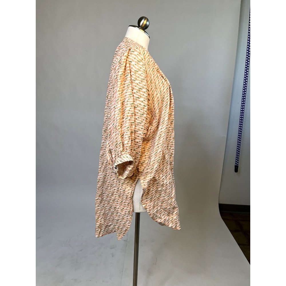 Maeve by Anthropologie Geometric Linen Cotton 3/4 Sleeve Blouse Coral - Picture 2 of 4